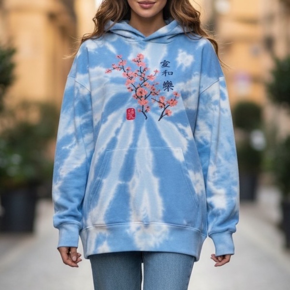 Bowery‎ Supply Co. Blue White Tie Dye Cherry Blossom Hoodie Sweatshirt Medium